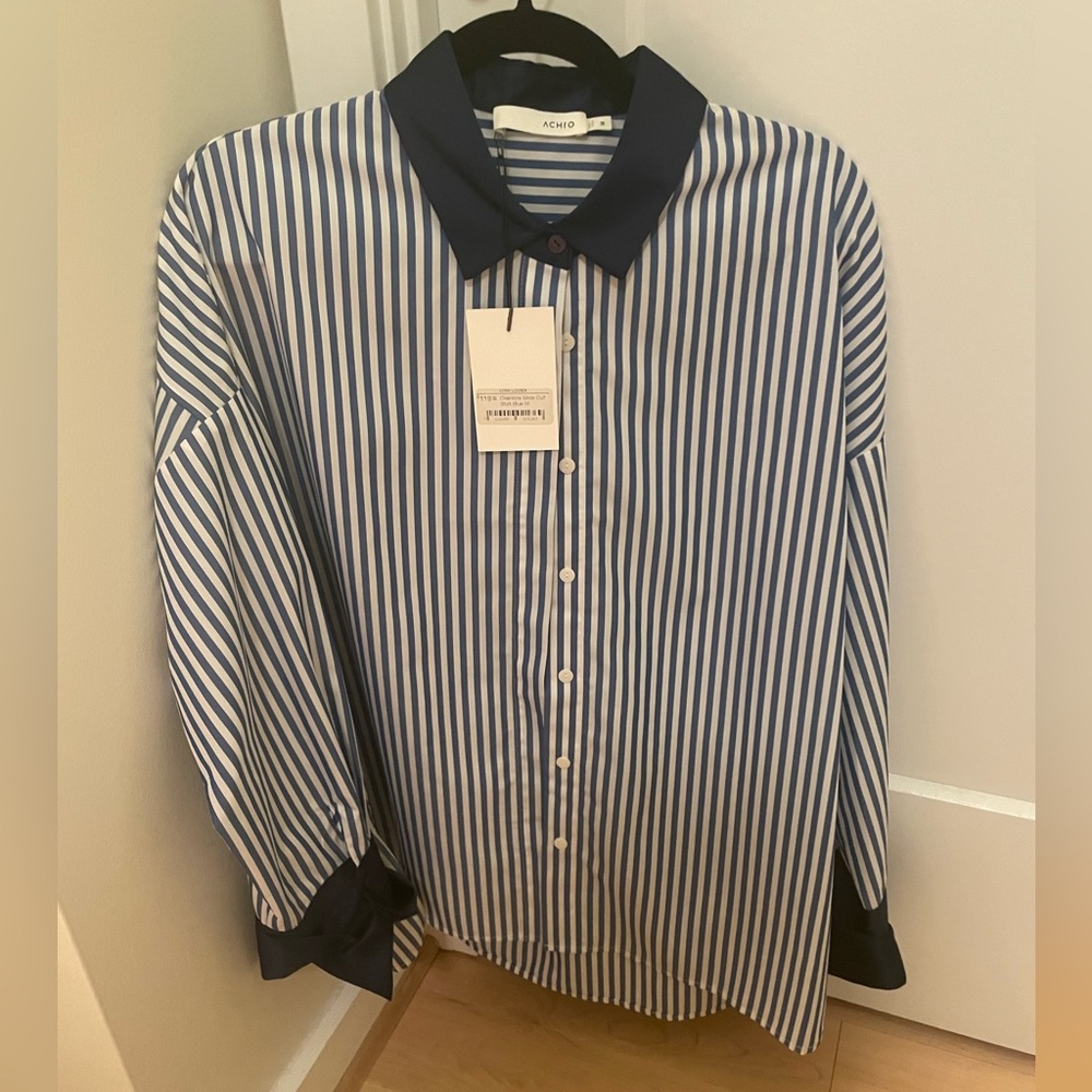 Achro navy silk and cotton striped button down